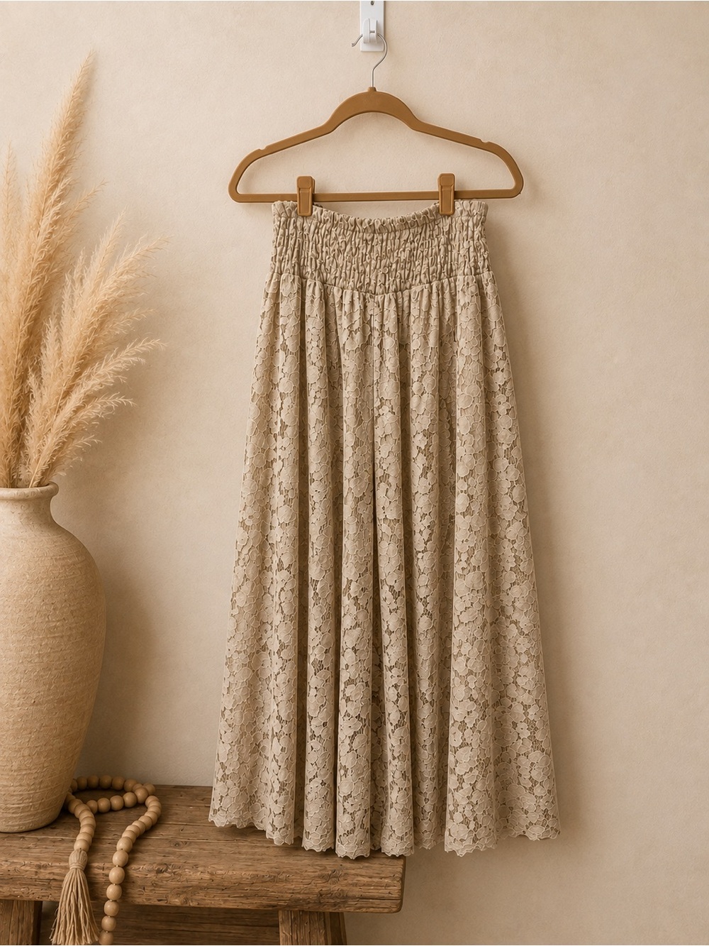 Lace Wide Leg Gaucho Pants in Beige